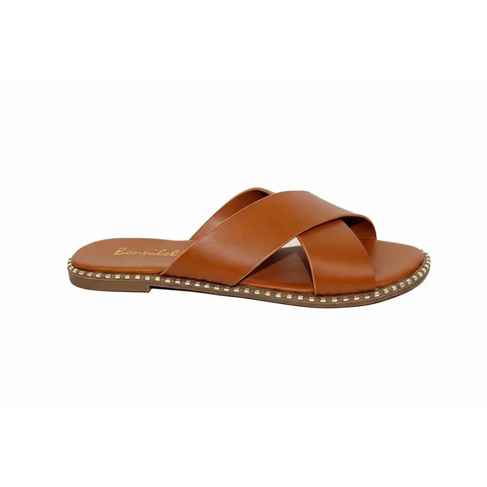 Tan Crisscross Slide Sandals with Studded Detail - Picture 3 of 5